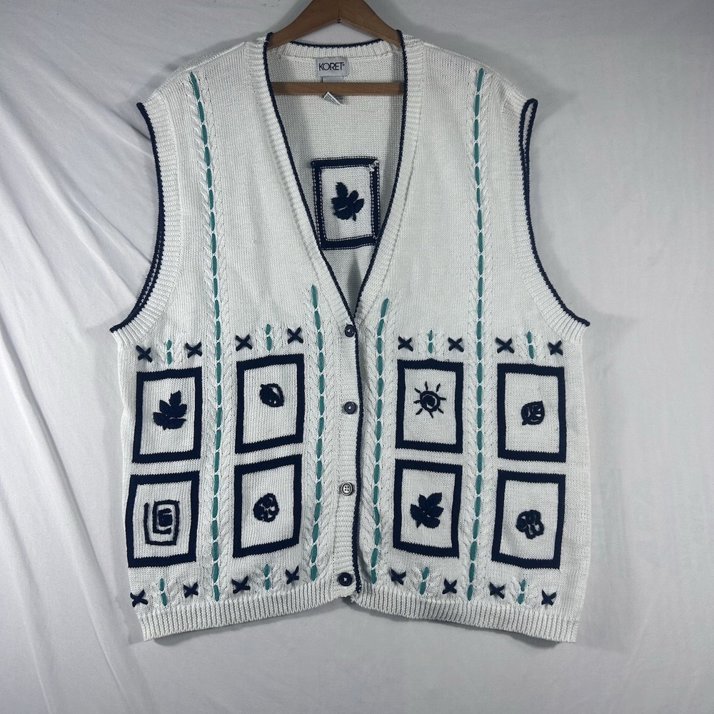 Vintage Knit Sweater Vest Size L Grandmacore White Button Up Cottagecore Teacher - Picture 1 of 8